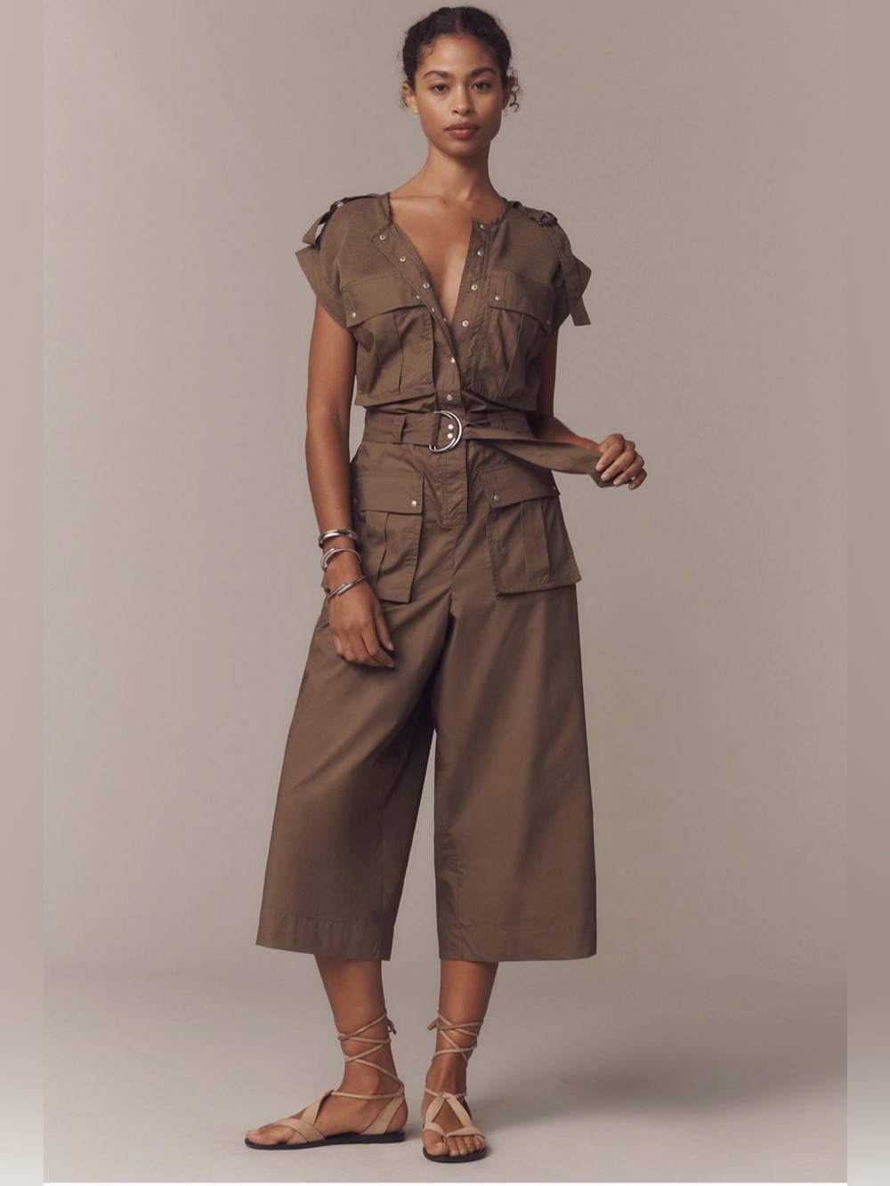 Anthropologie Olive Utility Belted Wide-Leg Jumpsuit